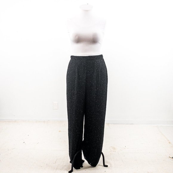 Vintage 80s Beaded Pants 14 Silk Formal Wide Leg Slacks Black - Picture 11 of 12